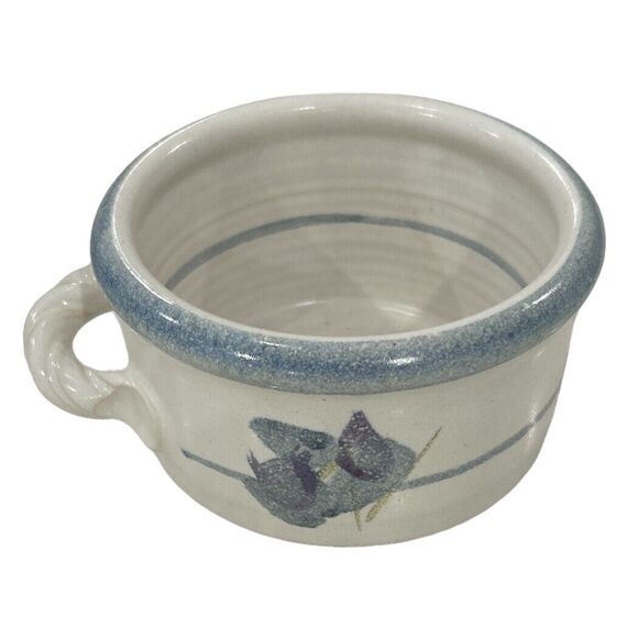 Shallow White and Blue Hand Glazed Handled Stoneware Mug or Broth Bowl - Picture 2 of 6